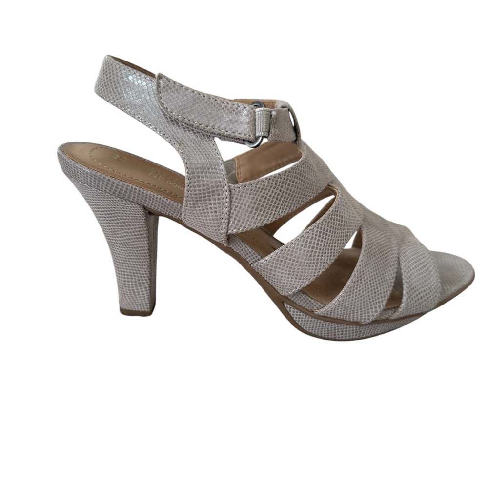 Naturalizer N5 Comfort Greige Snakeskin Print Heeled Sandal Fabric Upper 8.5
